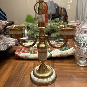 Vintage Brass & Mother Of Pearl Lay Double Taper Candle Holder